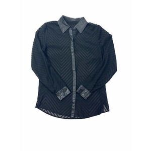 Guess Semi Sheer Button Down Blouse W/ Faux Leather Collar Cuffs Accents SZ XS?